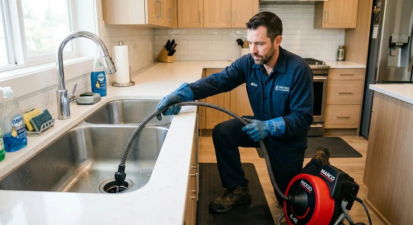 Drain cleaning technician using a motorized snake on a kitchen sink in Merrimack