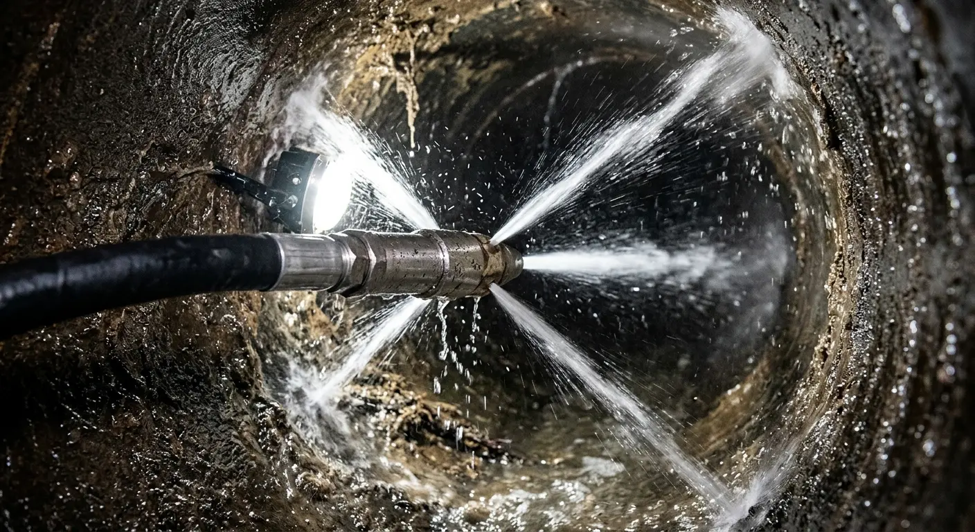 High-pressure hydro jetting nozzle cleaning sewer pipe for Emergency Drain Service in Merrimack