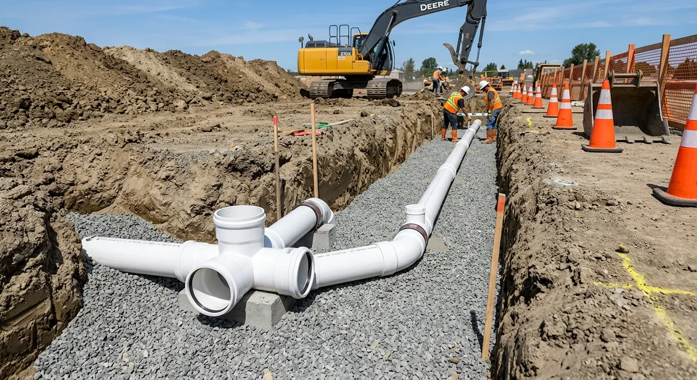 New PVC sewer pipe installation in open trench for Sewer Backup in Merrimack