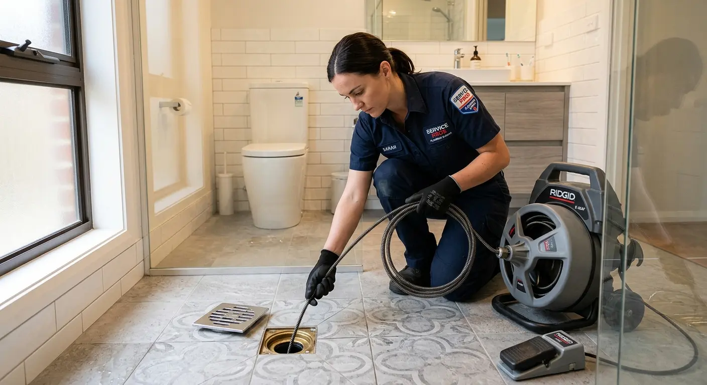 Technician clearing a bathroom floor drain for Sewer Line Replacement in Merrimack